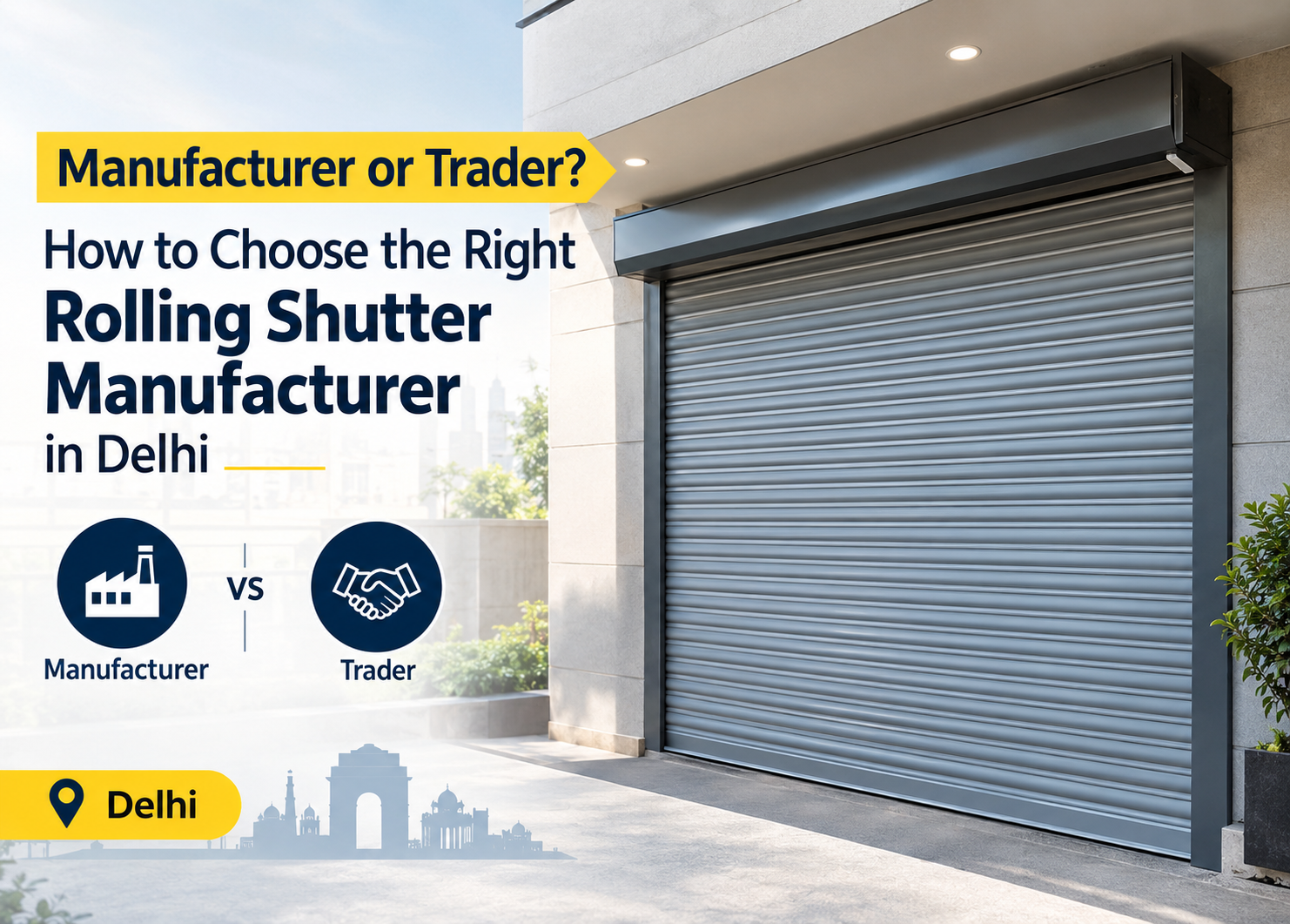 Grey rolling shutter on a modern building, guide to choosing a rolling shutter manufacturer in Delhi