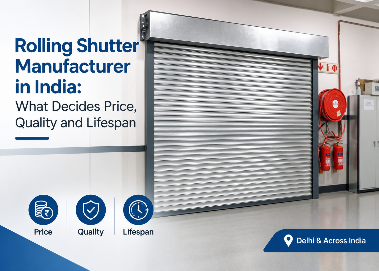 Rolling shutter manufacturer in India: steel rolling shutter installed in a commercial building with fire safety equipment